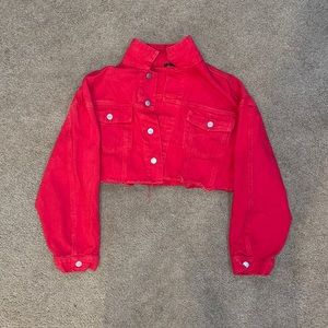 Cropped Red Denim Jacket